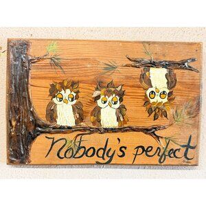 Vintage MCM Wooden Owl Family on Tree Limb Nobody's Perfect 1960s Wall Hanging